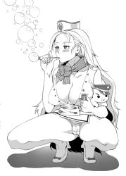 Rule 34 | 1girl, ace attorney, ace attorney investigations, blush, breasts, bubble, cameltoe, cammy meele, capcom, cleavage, cleft of venus, flight attendant, greyscale, hat, high heels, large breasts, long hair, mizuryu kei, monochrome, panties, pantyshot, scarf, solo, spread legs, squatting, stuffed animal, stuffed toy, travel attendant, underwear, upskirt