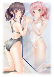 Rule 34 | 2girls, bare arms, black hair, brown eyes, competition swimsuit, different reflection, from side, highleg, highleg swimsuit, highres, kneeling, mashinatsu, mirror, multiple girls, one-piece swimsuit, original, pink hair, ponytail, reflection, short hair, swimsuit