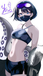 Rule 34 | 1girl, absurdres, andreana (arknights), arknights, artist name, bare shoulders, blue eyes, blue hair, blue shorts, breasts, commentary request, cowboy shot, crop top, fur-trimmed jacket, fur trim, goggles, goggles on head, halterneck, highres, jacket, looking at viewer, mask, medium breasts, midriff, mouth mask, navel, off shoulder, short hair, short shorts, shorts, signature, solo, standing, stomach, tentacles, yuniki