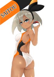 Rule 34 | 1girl, absurdres, ass, bea (pokemon), character name, competition swimsuit, cowboy shot, creatures (company), dark-skinned female, dark skin, from behind, game freak, grey eyes, grey hair, gym leader, hairband, highres, nintendo, one-piece swimsuit, onihime takun, poke ball, poke ball (basic), pokemon, pokemon swsh, short hair, solo, standing, swimsuit, two-tone swimsuit, ultra ball