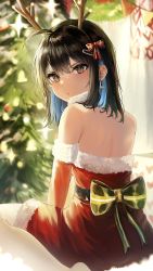 Rule 34 | 1girl, :o, absurdres, ahoge, antlers, back bow, backlighting, bare shoulders, black hair, blue hair, blush, bow, brown eyes, christmas tree, commentary, cross, cross earrings, detached sleeves, dress, earrings, from behind, fur-trimmed dress, fur-trimmed sleeves, fur collar, fur trim, green bow, hair ornament, hairclip, highres, horns, indoors, irene (kanniiepan), jewelry, kanniiepan, long hair, looking at viewer, looking back, mole, mole under eye, multicolored hair, original, pantyhose, parted lips, red dress, sitting, solo, two-tone hair, wariza, white pantyhose