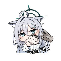 Rule 34 | 1girl, 1other, absurdres, ahoge, animal ear fluff, animal ears, blue archive, blue eyes, blush, character doll, closed mouth, dark halo, di le to, doodle sensei (blue archive), extra ears, grey hair, halo, highres, korean text, long hair, long sleeves, looking at viewer, sensei (blue archive), shiroko (blue archive), shiroko terror (blue archive), shirt, simple background, white background, white shirt, wolf ears