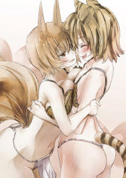 Rule 34 | 2girls, animal ears, ass, blonde hair, blush, bra, breast press, breasts, butt crack, closed eyes, couple, fang, fox ears, fox girl, fox tail, from side, fundoshi, half-closed eyes, happy, hug, imminent kiss, imminent penetration, japanese clothes, kemonomimi mode, large breasts, leaning forward, lingerie, multicolored hair, multiple girls, multiple tails, navel, no pants, open mouth, parted lips, short hair, smile, standing, tail, tiger ears, tiger girl, tiger stripes, tiger tail, tongue, toramaru shou, touhou, underwear, undressing, yakumo ran, yohane, yuri