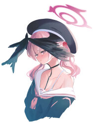 Rule 34 | 1girl, absurdres, beret, black hat, black wings, blue archive, blush, bra strap, collarbone, cropped torso, flat chest, flower, hair flower, hair ornament, halo, hat, head wings, higashigure, highres, koharu (blue archive), looking at viewer, nose blush, pink eyes, pink hair, profile, sailor collar, simple background, single bare shoulder, solo, tears, twintails, upper body, white background, wings