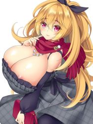 Rule 34 | 1girl, areola slip, bare shoulders, blonde hair, breasts, cleavage, dmm, hair ribbon, huge breasts, inma kourin devil carnival, jewelry, kisuke i, long hair, looking at viewer, necklace, pink eyes, ribbon, smile, solo