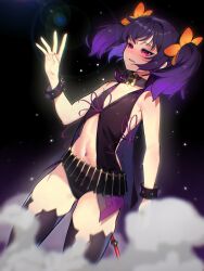 Rule 34 | 1girl, absurdres, belt, black choker, bracelet, choker, commission, flower, gradient background, hair flower, hair ornament, highres, jewelry, mole, mole under eye, nail polish, purple eyes, purple hair, red nails, revealing clothes, shiimidori, sideless outfit, smoke, solo, stomach, symonne (tales), tales of (series), tales of zestiria, thighhighs, twintails