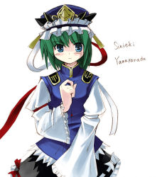 Rule 34 | 1girl, blue hair, blush, female focus, green eyes, hand on another&#039;s chest, hand on own chest, hat, ribbon, seo tatsuya, shiki eiki, short hair, simple background, skirt, solo, touhou, wide sleeves