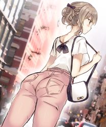 Rule 34 | 1girl, ass, bag, blouse, blush, bow, brown eyes, brown hair, city, day, dutch angle, from behind, hair bow, half updo, handbag, highres, looking to the side, original, outdoors, pants, pantylines, parted lips, profile, purple bow, shirt, short sleeves, sidelocks, solo, standing, suzunone rena, wedgie, white shirt