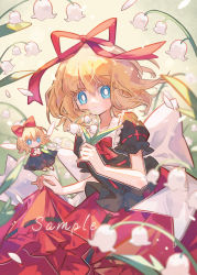 Rule 34 | 1girl, back bow, black skirt, blonde hair, blue eyes, bow, bowtie, bright pupils, closed mouth, feet out of frame, flower, hair bow, hair ribbon, holding, holding flower, lily of the valley, looking at viewer, medicine melancholy, medium hair, puffy short sleeves, puffy sleeves, red bow, red bowtie, red ribbon, red shirt, ribbon, sample watermark, shirt, short sleeves, skirt, skirt hold, su-san, suelement, touhou, watermark, white bow, white pupils