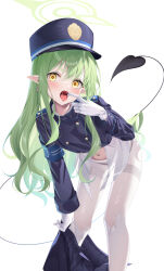 Rule 34 | 1girl, absurdres, black hat, black jacket, black panties, black skirt, black tail, blue archive, blush, demon tail, earrings, ekidona, feet out of frame, gloves, green hair, green halo, halo, hat, highres, hikari (blue archive), jacket, jewelry, long hair, long sleeves, looking at viewer, navel, open mouth, panties, panties under pantyhose, pantyhose, peaked cap, pleated skirt, pointy ears, single earring, skirt, skirt around one leg, solo, tail, tongue, tongue out, underwear, white gloves, white pantyhose, yellow eyes