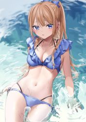 Rule 34 | 1girl, aoba miu, bikini, blonde hair, blue bikini, blue bow, blue eyes, blue nails, blunt bangs, blush, bow, breasts, chigusa minori, cleavage, closed mouth, corrupted twitter file, cowboy shot, hair bow, halterneck, highres, in water, long hair, looking at viewer, medium breasts, nail polish, navel, original, outdoors, ponytail, sidelocks, solo, stomach, swimsuit, tareme, thighs