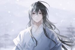 Rule 34 | 1boy, ahoge, black hair, blue eyes, floral print, hair down, hanbok, highres, jinhongi, korean clothes, korean commentary, long hair, looking ahead, parted lips, seol young, snow, snowing, solo, white background, white hanbok, young57440489