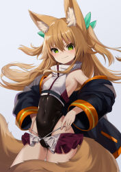Rule 34 | 1girl, animal ear fluff, animal ears, armpits, bare shoulders, black jacket, black leotard, bow, breasts, brown hair, covered navel, cowboy shot, fox ears, fox tail, green eyes, hair bow, hands on own hips, highleg, highleg leotard, highres, jacket, kokonoe tsubaki, leotard, long hair, looking at viewer, microskirt, multiple tails, off shoulder, open clothes, open jacket, original, puffy sleeves, showgirl skirt, skirt, sleeveless, small breasts, smile, solo, tail, thighs, two side up, two tails, v-shaped eyebrows, yoshizawa tsubaki