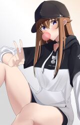 Rule 34 | 1girl, absurdres, arm on knee, ausseh1, baseball cap, blue eyes, blush, brown hair, blowing bubbles, choker, commentary, hat, highres, hololive, hood, hoodie, jewelry, long hair, looking at viewer, necklace, nun nun (tokino sora), short shorts, shorts, simple background, sitting, solo, star (symbol), thighs, tokino sora, tokino sora (streetwear), two-tone hoodie, v, virtual youtuber