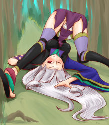 Rule 34 | 1girl, ass, bad id, bad pixiv id, dokuna, fundoshi, japanese clothes, katanagatari, long hair, red eyes, sandals, solo, thighhighs, togame, upside-down, very long hair, white hair, wince