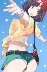 Rule 34 | 1girl, alternate color, ass, bag, beanie, black hair, blue eyes, blush, breasts, covered erect nipples, creatures (company), from behind, game freak, green shorts, handbag, hat, inagata, looking at viewer, looking back, nintendo, open mouth, panties, pantyshot, pokemon, pokemon sm, red hat, selene (pokemon), shiny skin, shirt, short hair, short shorts, short sleeves, shorts, smile, solo, swept bangs, t-shirt, underwear, upshorts, wedgie