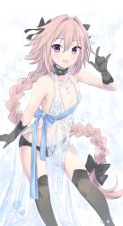 Rule 34 | 1boy, aisu (icicleshot), androgynous, artoria pendragon (lancer alter) (royal icing) (fate), artoria pendragon (lancer alter) (royal icing) (fate) (cosplay), astolfo (fate), babydoll, black bow, black gloves, black panties, blue babydoll, bow, braid, cosplay, crossdressing, fate/apocrypha, fate/grand order, fate (series), gloves, hair bow, hair ribbon, highres, lingerie, long braid, long hair, looking at viewer, male focus, multicolored hair, panties, pink hair, purple eyes, revealing clothes, ribbon, single braid, smile, snowflake print, streaked hair, trap, underwear, white hair