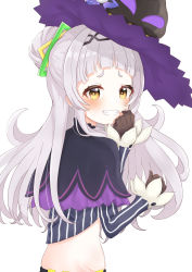 Rule 34 | 1girl, absurdres, black capelet, black headwear, blunt bangs, blush, capelet, choco donatsu, cropped shirt, from behind, from side, grin, hair bun, hairband, half updo, hat, highres, hololive, layered capelet, long hair, long sleeves, looking at viewer, looking back, midriff, murasaki shion, murasaki shion (1st costume), purple capelet, shirt, short eyebrows, sidelocks, silver hair, simple background, single hair bun, smile, smug, solo, striped clothes, striped shirt, tilted headwear, vertical-striped clothes, vertical-striped shirt, virtual youtuber, white background, witch hat, yellow eyes