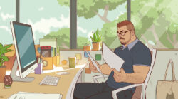 Rule 34 | 1boy, animal print, arm hair, bag, bara, beard, beard stubble, brown hair, cat print, dahei (youtian), dark-skinned male, dark skin, desk, expressionless, facial hair, feet out of frame, glasses, highres, holding, holding paper, imac, ji peng gou you, keyboard (computer), male focus, mature male, muscular, muscular male, mustache, pants, paper, pectorals, polo shirt, reading, short hair, sideburns, sitting, solo, stubble, sunlight, thick eyebrows, thick mustache, tree, undercut, youtian (youtiange)