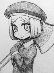 Rule 34 | 1girl, axe, beret, coat, fate/grand order, fate (series), gloves, greyscale, hat, holding, holding weapon, looking at viewer, monochrome, over shoulder, paul bunyan (fate), riyo (lyomsnpmp), short hair, simple background, smile, solo, weapon, weapon over shoulder