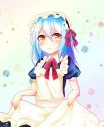 Rule 34 | 10s, 1other, 3:, alternate costume, apron, apron lift, blue background, blue hair, blush, bow, bowtie, clothes lift, dress, embarrassed, enmaided, eyebrows, frilled apron, frills, frown, gradient background, gradient hair, hair between eyes, hair bow, hair ribbon, hatsuno uin, highres, long hair, looking at viewer, maid, maid headdress, multicolored hair, puffy short sleeves, puffy sleeves, red bow, red bowtie, ribbon, rimuru tempest, short sleeves, simple background, solo, sparkle, sweat, sweatdrop, tensei shitara slime datta ken, white apron, yellow background, yellow eyes