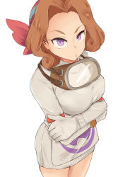 Rule 34 | 1girl, absurdres, apron, arms under breasts, ass, bandana, breasts, brown hair, closed mouth, creatures (company), crossed arms, dress, game freak, gloves, goggles, goggles around neck, highres, large breasts, legs, long sleeves, looking at viewer, nintendo, palina (pokemon), pokemon, pokemon legends: arceus, purple eyes, short dress, simple background, standing, white background, white dress, white gloves