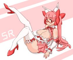 Rule 34 | 1girl, animal ears, bare shoulders, bow, breasts, cat ears, cleavage, cleavage cutout, clothing cutout, detached sleeves, fake animal ears, female focus, glasses, hair bow, hair ornament, hair ribbon, high heels, kaz (shade), large breasts, long hair, long twintails, looking at viewer, lying, miniskirt, no bra, on back, pink hair, red eyes, ribbon, semi-rimless eyewear, shoes, simple background, skirt, smile, solo, srco, thighhighs, twintails, under-rim eyewear, white thighhighs