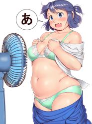 Rule 34 | 1girl, a (phrase), blue eyes, blue hair, blush, bra, breasts, breasts apart, collarbone, commentary request, fat step-sister (orizen), green bra, green panties, highres, looking at viewer, mature female, medium breasts, medium hair, navel, open mouth, original, orizen, panties, plump, shirt, simple background, solo, sweatdrop, tareme, thick arms, thick thighs, thighs, underwear, undressing, white background