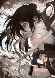 Rule 34 | 1boy, amputee, bandages, black hair, blood, blood on face, determined, dororo (tezuka), hair between eyes, highres, hyakkimaru (dororo), japanese clothes, kimono, long hair, male focus, off shoulder, ponytail, prosthesis, red eyes, solo, sword, toi8, torn clothes, weapon