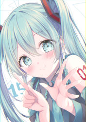 Rule 34 | 1girl, absurdres, aqua eyes, aqua hair, aqua necktie, black shirt, blush, closed mouth, commentary request, hair between eyes, hatsune miku, highres, kmr 7m, long hair, looking at viewer, necktie, shirt, sleeveless, sleeveless shirt, smile, solo, twintails, upper body, vocaloid