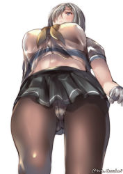 Rule 34 | 1girl, blue eyes, breasts, commentary request, covered erect nipples, from below, gloves, grey skirt, hair ornament, hairclip, hamakaze (kancolle), juurouta, kantai collection, large breasts, neckerchief, no bra, panties, panties under pantyhose, pantyhose, pleated skirt, school uniform, see-through, serafuku, short hair, silver hair, simple background, skirt, solo, twitter username, underwear, white background, white gloves, white panties, yellow neckerchief