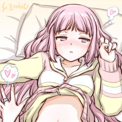 Rule 34 | 2girls, artist name, belly, blush, clothes lift, hair spread out, hand up, heart, long hair, lying, magia record: mahou shoujo madoka magica gaiden, mahou shoujo madoka magica, multiple girls, nanami yachiyo, on back, on bed, out of frame, pink hair, shirt lift, studiozombie, tamaki iroha, tamaki iroha (pajamas costume), thought bubble, upper body, yuri