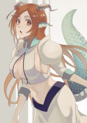 Rule 34 | 1girl, absurdres, animal ears, bare shoulders, bleach, bleach: sennen kessen-hen, breasts, brown eyes, chinese zodiac, cleavage, cleavage cutout, clothing cutout, commentary request, cowboy shot, cropped shirt, dragon ears, dragon girl, dragon horns, dragon tail, floating hair, highres, horns, inoue orihime, juliet sleeves, kemonomimi mode, large breasts, long hair, long sleeves, looking at viewer, navel, official alternate costume, open mouth, orange hair, parted bangs, puffy sleeves, shirt, sleeveless, sleeveless shirt, solo, sumire 1046, tail, tail raised, very long hair, white shirt, year of the dragon