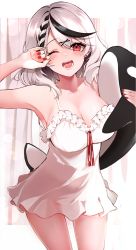 Rule 34 | 1girl, :d, absurdres, aya02ka, bare shoulders, black hair, blush, braid, breasts, cleavage, collarbone, commentary request, dot nose, dress, earrings, frilled dress, frills, hair ornament, hand up, highres, holding, holding stuffed toy, hololive, jewelry, large breasts, looking at viewer, medium hair, multicolored hair, nail polish, one eye closed, open mouth, orca, red eyes, red nails, red ribbon, ribbon, sakamata chloe, sleeveless, sleeveless dress, smile, solo, standing, streaked hair, stuffed animal, stuffed toy, tearing up, two-tone hair, virtual youtuber, white dress, white hair, x hair ornament