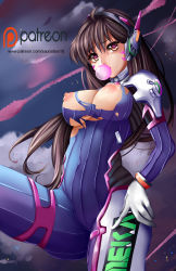 Rule 34 | 1girl, acronym, armor, bodysuit, boots, bracer, breasts, brown eyes, brown hair, blowing bubbles, chewing gum, cloud, cloudy sky, contrail, covered navel, cowboy shot, d.va (overwatch), eyebrows, facepaint, facial mark, gloves, hand on leg, headphones, heart, heart-shaped pupils, highres, katrina lynn, large breasts, long hair, long sleeves, matching hair/eyes, night, night sky, nipples, overwatch, overwatch 1, pauldrons, pilot suit, ribbed bodysuit, shoulder armor, shoulder pads, skin tight, sky, solo, symbol-shaped pupils, thigh boots, thigh strap, thighhighs, torn clothes, turtleneck, whisker markings, white footwear, white gloves
