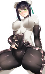 Rule 34 | 1girl, arm behind back, arm guards, black gloves, black hair, blush, bodysuit, breasts, bun cover, chinese clothes, covered navel, crotch, double bun, embarrassed, fate/grand order, fate (series), fingerless gloves, gloves, green eyes, hair bun, highres, kurozawa yui, medium breasts, qin liangyu (fate), sidelocks, sitting, skin tight, solo, spread legs, thighs, weapon, white background
