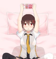Rule 34 | 1girl, arms up, asymmetrical legwear, ayanami (warship girls r), black skirt, black thighhighs, blush, brown hair, ero mang-a, hair ornament, hairclip, highres, implied sex, lying, mismatched legwear, money, necktie, on back, on bed, pillow, pleated skirt, pov, prostitution, red eyes, shadow, shirt, short hair, short sleeves, silhouette, skirt, solo, spread legs, thighhighs, upper body, warship girls r, white shirt, white thighhighs, yellow necktie