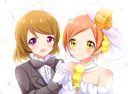 Rule 34 | 10s, 2girls, bad id, bad pixiv id, blush, bow, bowtie, bridal veil, brown hair, center frills, couple, dress, formal, frilled shirt collar, frills, gloves, hair bow, holding hands, hoshizora rin, interlocked fingers, koizumi hanayo, looking at viewer, love live!, love live! school idol project, love wing bell, multiple girls, open mouth, orange hair, petals, purple eyes, shinekalta, short hair, smile, suit, tuxedo, veil, wedding dress, white gloves, wife and wife, yellow eyes, yuri