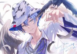 Rule 34 | 1boy, aoyagi touya, bird, black feathers, blue hair, character name, closed mouth, collared shirt, commentary, crow, dark blue hair, dated, feathered wings, feathers, fingernails, ggmimigi, grey eyes, hair between eyes, happy birthday, hat, highres, jewelry, long sleeves, male focus, mole, mole under eye, multicolored hair, necklace, official alternate costume, project sekai, shirt, short hair, solo, split-color hair, two-tone hair, walk on and on (project sekai), wings