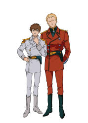 Rule 34 | 0ml, 2boys, absurdres, alternate universe, amuro ray, black footwear, black shirt, blonde hair, blue eyes, blush, boots, brown hair, char&#039;s counterattack, char aznable, closed eyes, closed mouth, coat, film grain, full body, grey footwear, gundam, hair slicked back, hand on own hip, high collar, highres, long sleeves, looking at viewer, male focus, military uniform, multiple boys, open mouth, pants, red coat, red pants, scar, scar on face, scar on forehead, shirt, short hair, shoulder boards, simple background, smile, standing, turtleneck, uniform, white background, white coat, white pants, white shirt