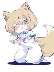 Rule 34 | 1girl, animal ear fluff, animal ears, barefoot, blonde hair, blush stickers, chahan (fried rice0614), closed mouth, double fox shadow puppet, fox ears, fox shadow puppet, fox tail, green ribbon, highres, kudamaki tsukasa, ribbon, romper, short hair, short sleeves, simple background, smile, solo, tail, touhou, white background, white romper, yellow eyes