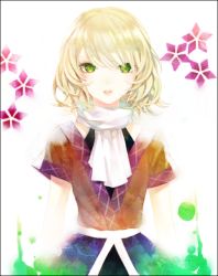 Rule 34 | 1girl, bad id, bad pixiv id, blonde hair, danmaku, female focus, framed, green eyes, lips, looking at viewer, mizuhashi parsee, open mouth, parted lips, prino hawell, scarf, shirt, short hair, short sleeves, skirt, solo, touhou, white scarf