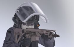Rule 34 | 1girl, absurdres, aiming, assault rifle, black gloves, black hair, combat helmet, commentary, ear protection, english commentary, finger on trigger, gloves, grey background, gun, hair between eyes, helmet, highres, holding, holding gun, holding weapon, jimin6468, korean commentary, long hair, mixed-language commentary, original, purple eyes, red dot sight, rifle, scope, sig mcx, sig sauer, simple background, solo, upper body, visor (armor), weapon