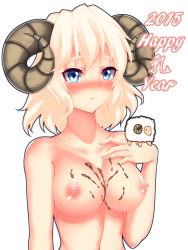 Rule 34 | 1girl, 2015, animal ears, blonde hair, blue eyes, blush, breasts, chocolate, chocolate on body, chocolate on breasts, closed mouth, collarbone, food on body, hand on own chest, happy new year, highres, horns, kuroleo, looking at viewer, medium breasts, new year, nipples, nose blush, nude, original, sheep, sheep ears, sheep girl, sheep horns, short hair, simple background, solo, tears, upper body, white background