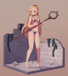 Rule 34 | 1girl, alternate costume, barefoot, bikini, blonde hair, blue bikini, blush, braid, breasts, bright pupils, choker, closed mouth, commentary request, dungeon meshi, elf, full body, green eyes, highres, holding, holding staff, lamb-oic029, long hair, looking at viewer, marcille donato, medium breasts, navel, pointy ears, simple background, solo, staff, standing, string bikini, swimsuit, toes