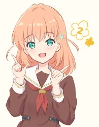 Rule 34 | 1girl, :d, aqua eyes, blush, brown dress, commentary, crossed bangs, dress, finger counting, flower (symbol), hair ornament, hasu no sora school uniform, hinoshita kaho, index fingers raised, link! like! love live!, long sleeves, looking at viewer, love live!, medium hair, neckerchief, open mouth, orange hair, rabbit hair ornament, red neckerchief, sailor collar, sailor dress, school uniform, simple background, smile, solo, teeth, two side up, upper teeth only, virtual youtuber, white background, white sailor collar, winter uniform, yutuki ame