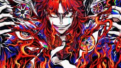 Rule 34 | 1boy, abstract, blood, blood from mouth, bloody tears, blue blood, blue jacket, collared shirt, commentary request, extra eyes, fingernails, fire, flaming eye, formal, grin, ichijou seiya, jacket, kaiji, long hair, looking at viewer, male focus, medium bangs, necktie, purple blood, red eyes, red hair, red nails, red shirt, sharp fingernails, sharp teeth, shirt, smile, solo, suit, teeth, unknown03162, upper body, v-shaped eyebrows, white necktie