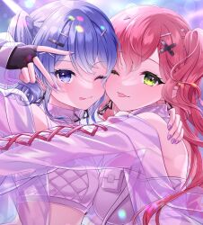 Rule 34 | 2girls, ;p, asymmetrical docking, blue eyes, blue hair, blurry, bokeh, breast press, bridal garter, commentary, depth of field, fingerless gloves, gloves, green eyes, hair ornament, hairclip, highres, hololive, hoshimachi suisei, hug, jacket, long hair, long sleeves, multiple girls, nail polish, official alternate costume, one eye closed, one side up, pink hair, purple nails, sakura miko, see-through, see-through jacket, shirt, sleeveless, sleeveless shirt, smile, star (symbol), star in eye, sugar rush (hololive), symbol in eye, tongue, tongue out, upper body, usano, v over eye, virtual youtuber, x hair ornament, yuri