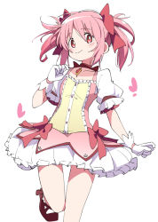 Rule 34 | 1girl, :&gt;, bow, choker, closed mouth, gloves, hair bow, heart, ixy, kaname madoka, looking at viewer, magical girl, mahou shoujo madoka magica, mahou shoujo madoka magica (anime), pink eyes, pink hair, puffy short sleeves, puffy sleeves, red bow, red choker, short hair, short sleeves, simple background, skirt, smile, solo, twintails, white background, white gloves, white skirt