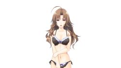 Rule 34 | 1girl, bra, breasts, brown hair, character request, cleavage, game cg, large breasts, legs, long hair, looking at viewer, love ecchi dessin, mole, navel, open mouth, panties, purple eyes, shirabuchi mirei, simple background, solo, standing, thighs, underwear